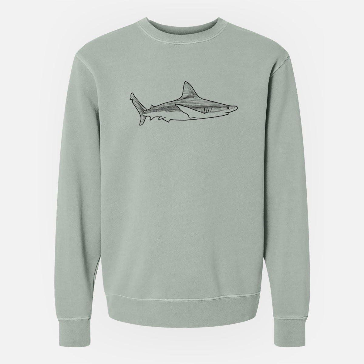 Sage green pigment dyed crewneck sweatshirt laid flat, printed with a black ink illustration of a silvertip shark swimming in profile.
