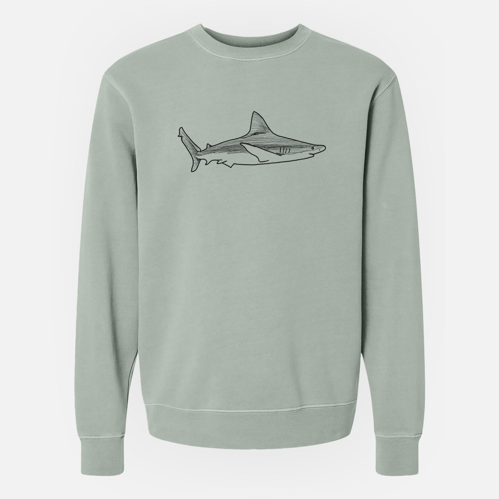 Sage green pigment dyed crewneck sweatshirt laid flat, printed with a black ink illustration of a silvertip shark swimming in profile.