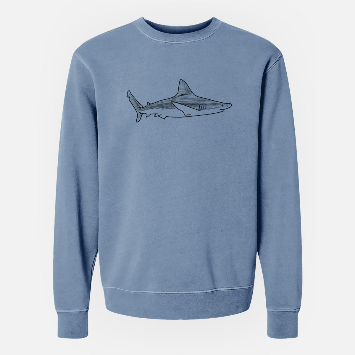Slate blue pigment dyed crewneck sweatshirt laid flat, printed with a black ink illustration of a silvertip shark swimming in profile.