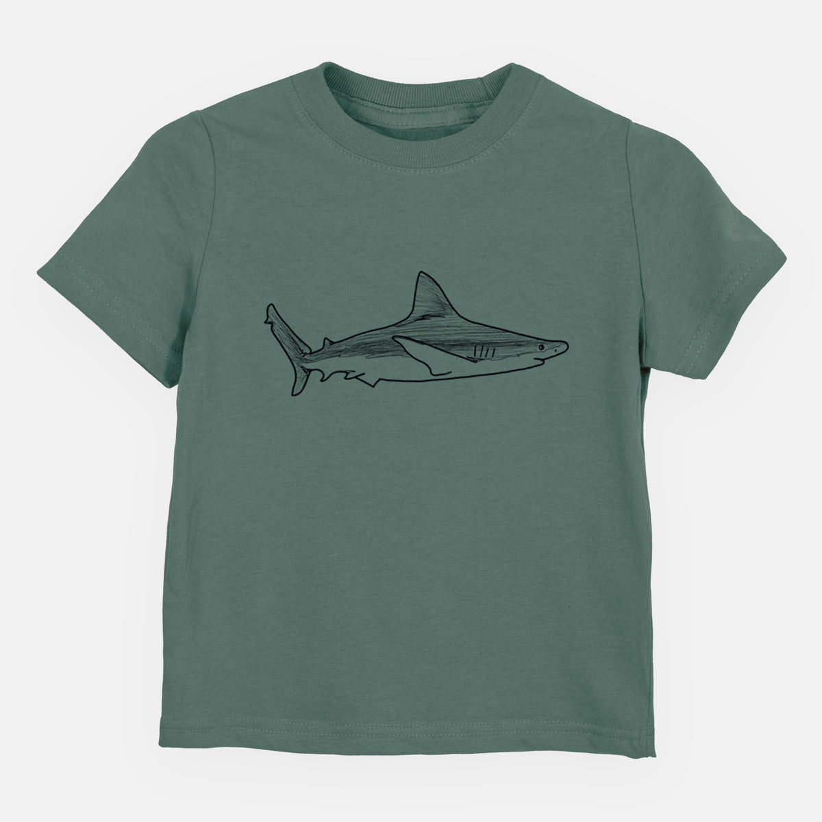 Basil green toddler t-shirt laid flat, printed with a black ink illustration of a silvertip shark swimming in profile.