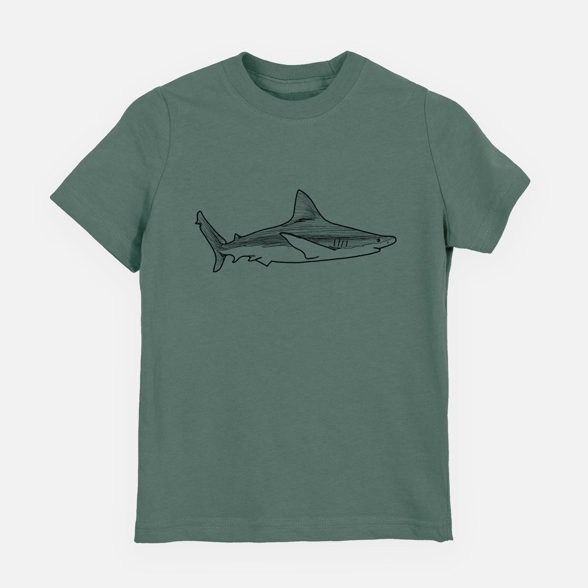 Basil green youth t-shirt laid flat, printed with a black ink illustration of a silvertip shark swimming in profile.