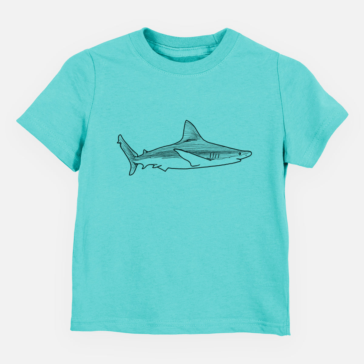 Caribbean blue toddler t-shirt laid flat, printed with a black ink illustration of a silvertip shark swimming in profile.