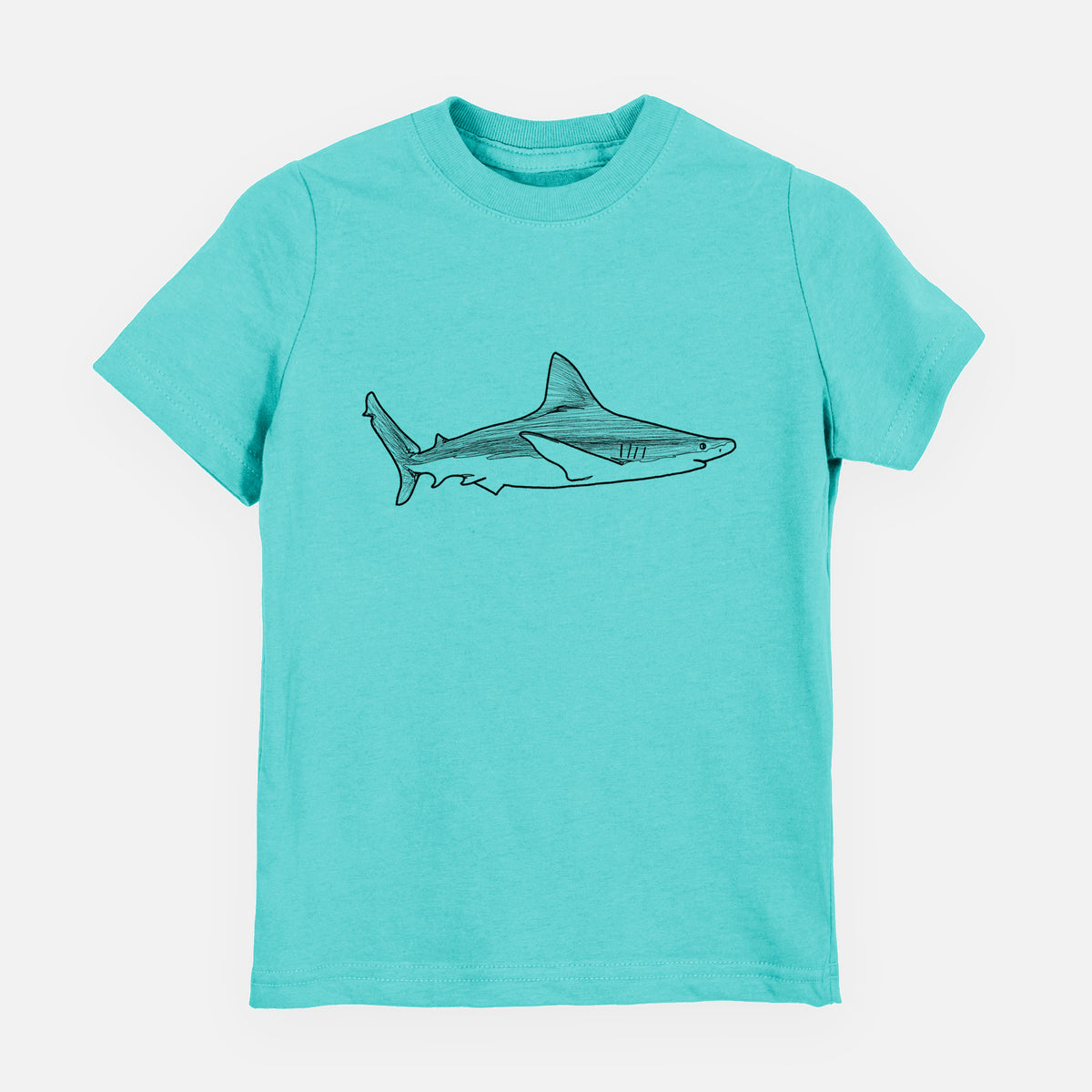 Caribbean blue youth t-shirt laid flat, printed with a black ink illustration of a silvertip shark swimming in profile.
