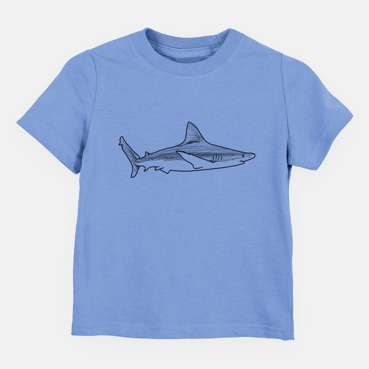 Carolina blue toddler t-shirt laid flat, printed with a black ink illustration of a silvertip shark swimming in profile.