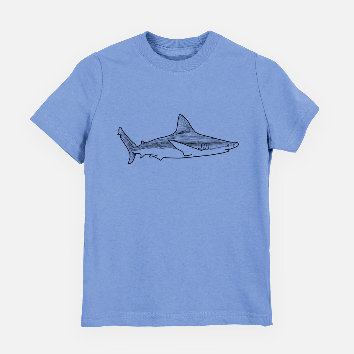Carolina blue youth t-shirt laid flat, printed with a black ink illustration of a silvertip shark swimming in profile.