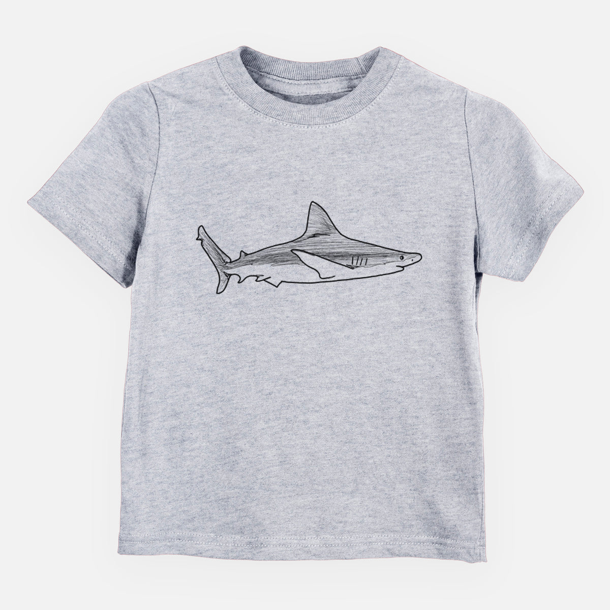 Heather grey toddler t-shirt laid flat, printed with a black ink illustration of a silvertip shark swimming in profile.