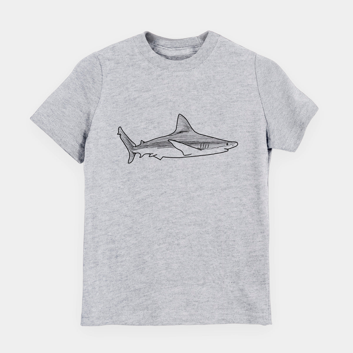 Heather grey youth t-shirt laid flat, printed with a black ink illustration of a silvertip shark swimming in profile.