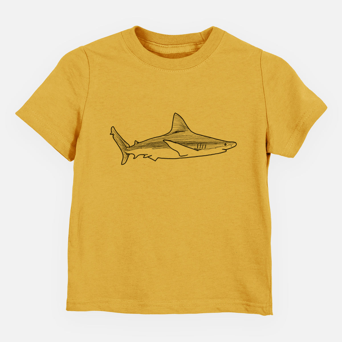 Honeycomb yellow toddler t-shirt laid flat, printed with a black ink illustration of a silvertip shark swimming in profile.