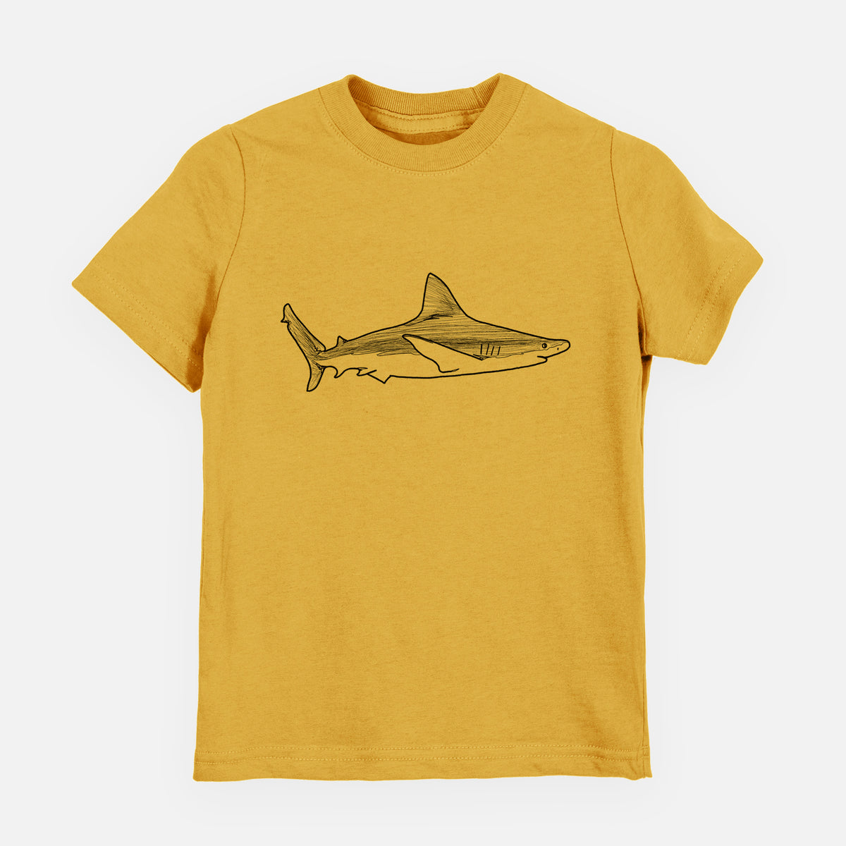 Honeycomb yellow youth t-shirt laid flat, printed with a black ink illustration of a silvertip shark swimming in profile.