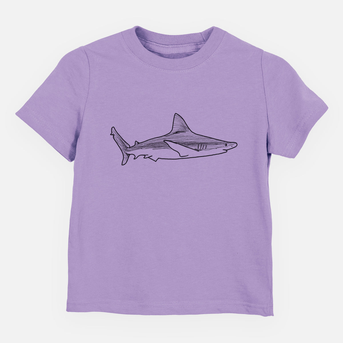 Lavender toddler t-shirt laid flat, printed with a black ink illustration of a silvertip shark swimming in profile.