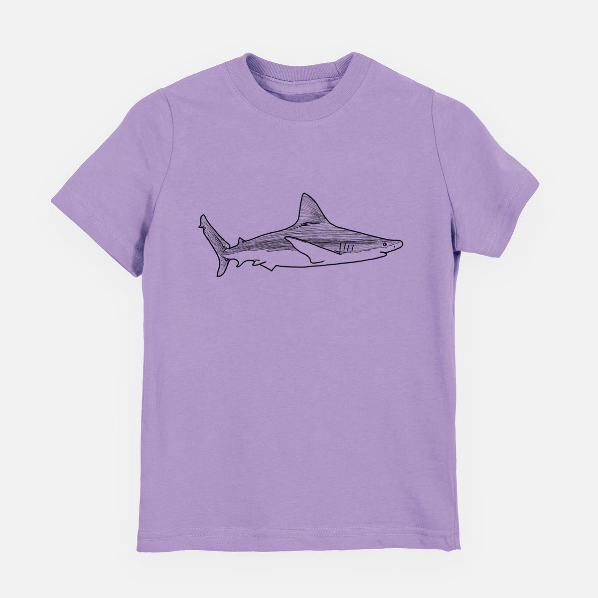 Lavender youth t-shirt laid flat, printed with a black ink illustration of a silvertip shark swimming in profile.