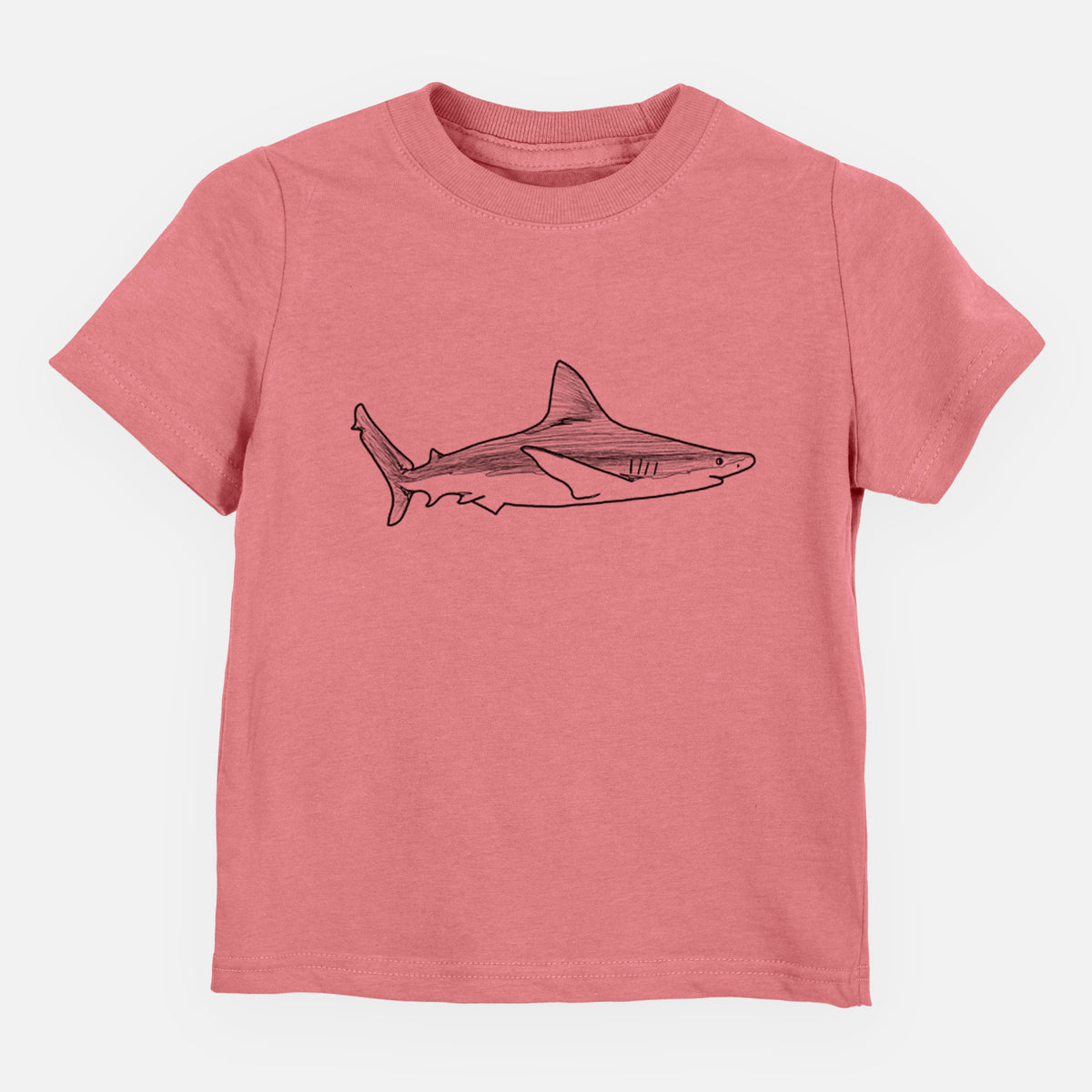 Mauve pink toddler t-shirt laid flat, printed with a black ink illustration of a silvertip shark swimming in profile.