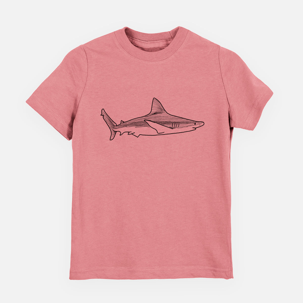 Mauve pink youth t-shirt laid flat, printed with a black ink illustration of a silvertip shark swimming in profile.