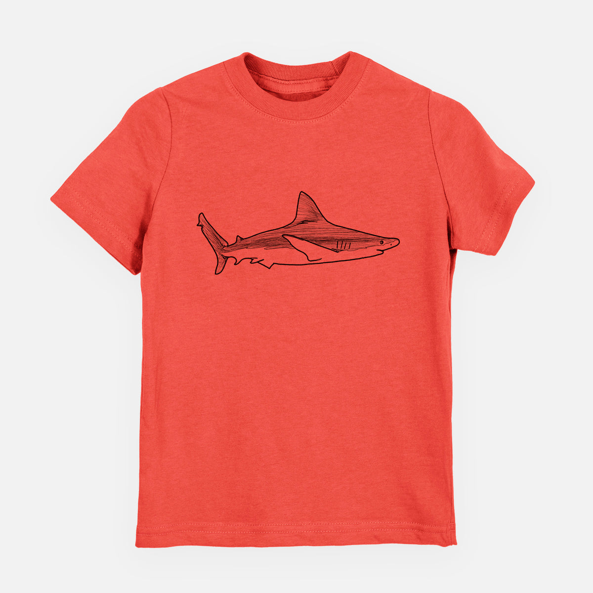 Passionfruit pink youth t-shirt laid flat, printed with a black ink illustration of a silvertip shark swimming in profile.