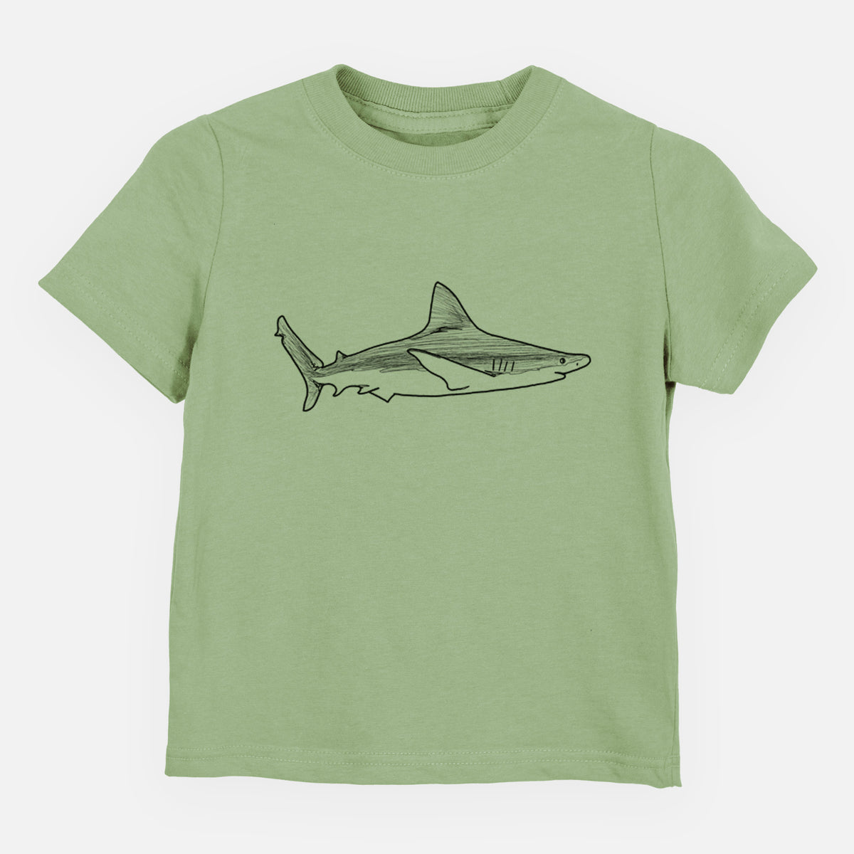 Sage green toddler t-shirt laid flat, printed with a black ink illustration of a silvertip shark swimming in profile.