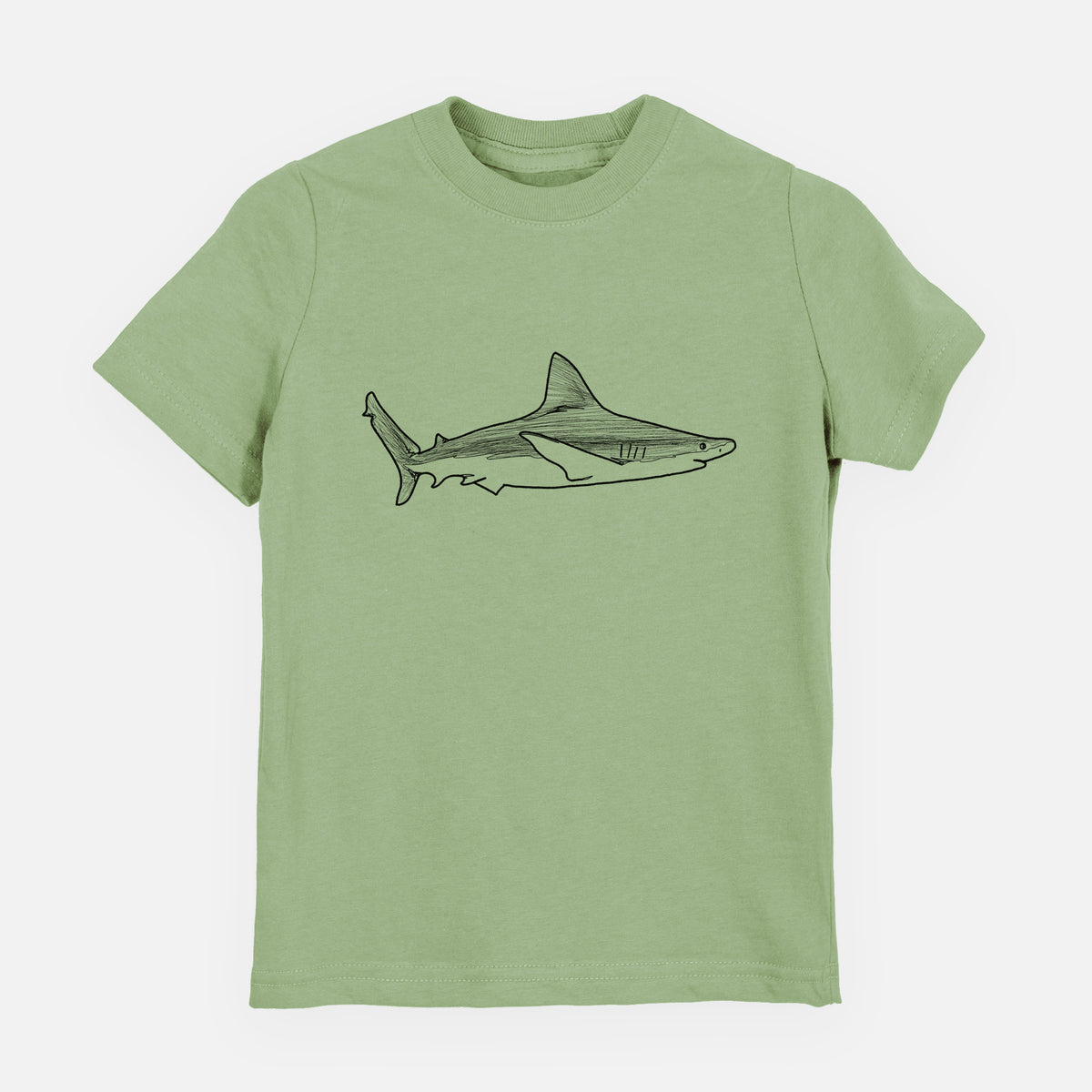 Sage green youth t-shirt laid flat, printed with a black ink illustration of a silvertip shark swimming in profile.
