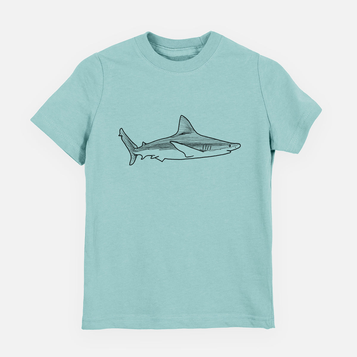 Saltwater youth t-shirt laid flat, printed with a black ink illustration of a silvertip shark swimming in profile.
