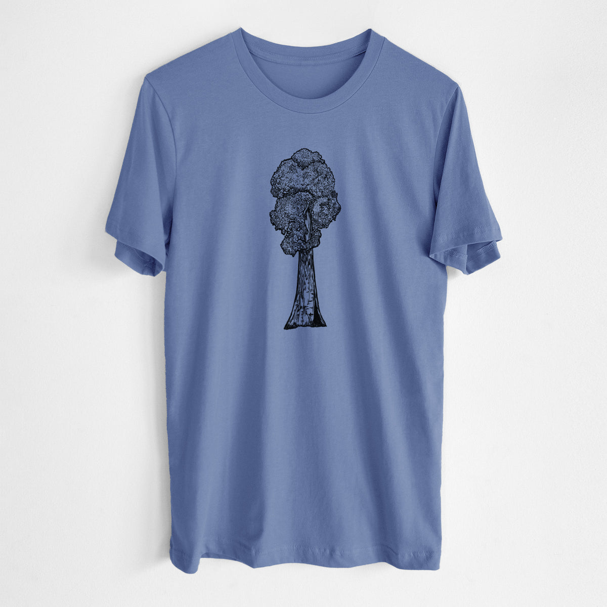 Blue bell lightweight cotton t-shirt laid flat, printed with a black ink illustration of a single giant sequoia tree.