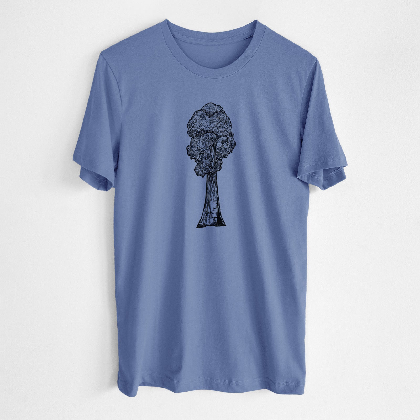 Blue bell lightweight cotton t-shirt laid flat, printed with a black ink illustration of a single giant sequoia tree.