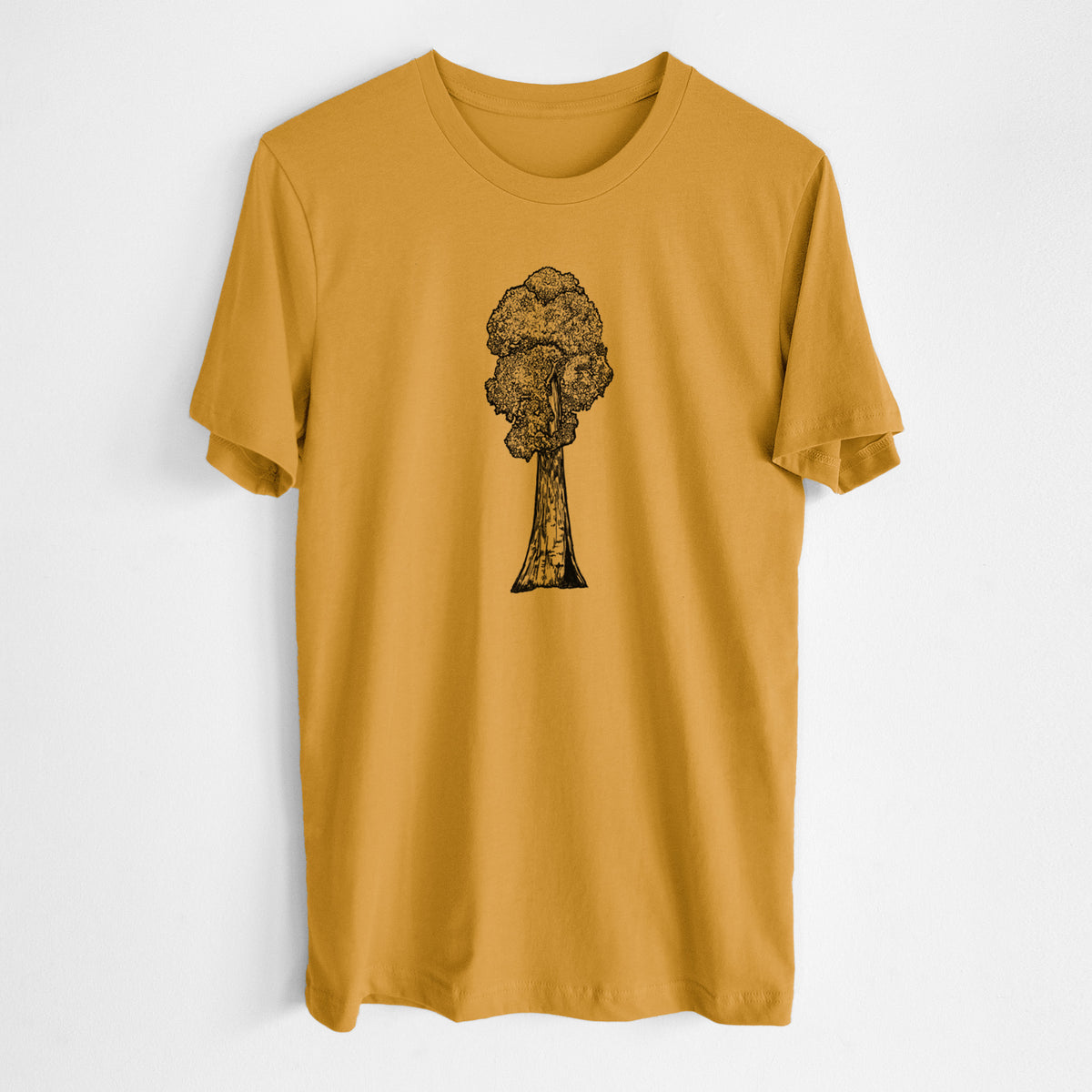 Honeycomb yellow lightweight cotton t-shirt laid flat, printed with a black ink illustration of a single giant sequoia tree.