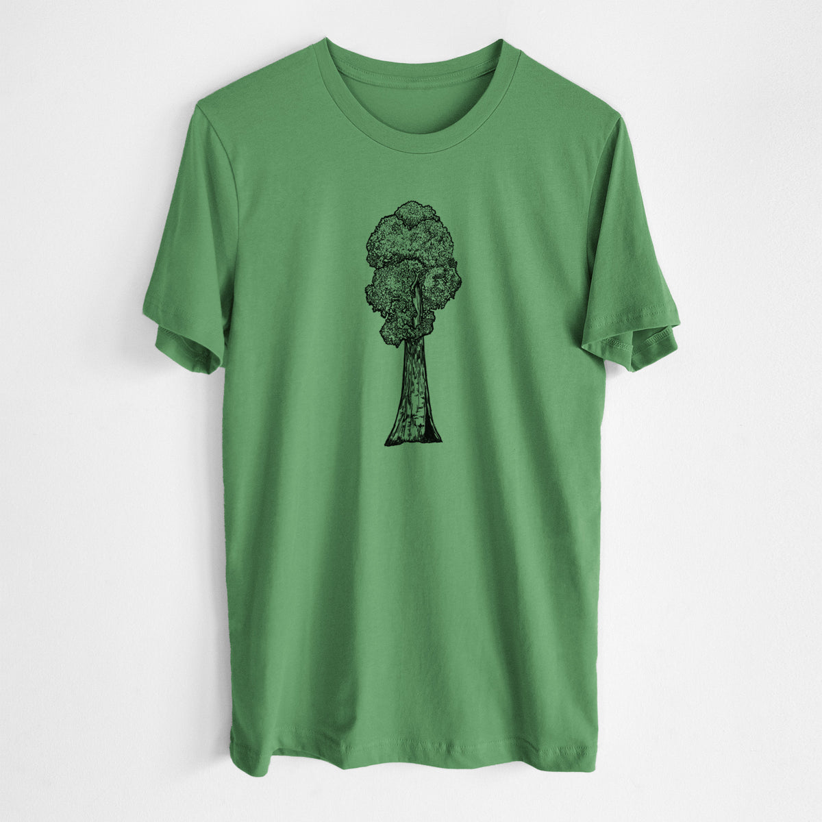 Leaf green lightweight cotton t-shirt laid flat, printed with a black ink illustration of a single giant sequoia tree.