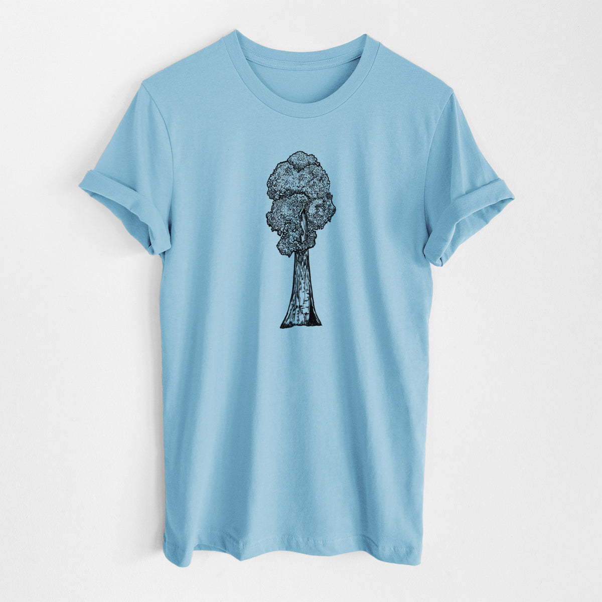 Ocean blue lightweight cotton t-shirt laid flat, printed with a black ink illustration of a single giant sequoia tree.
