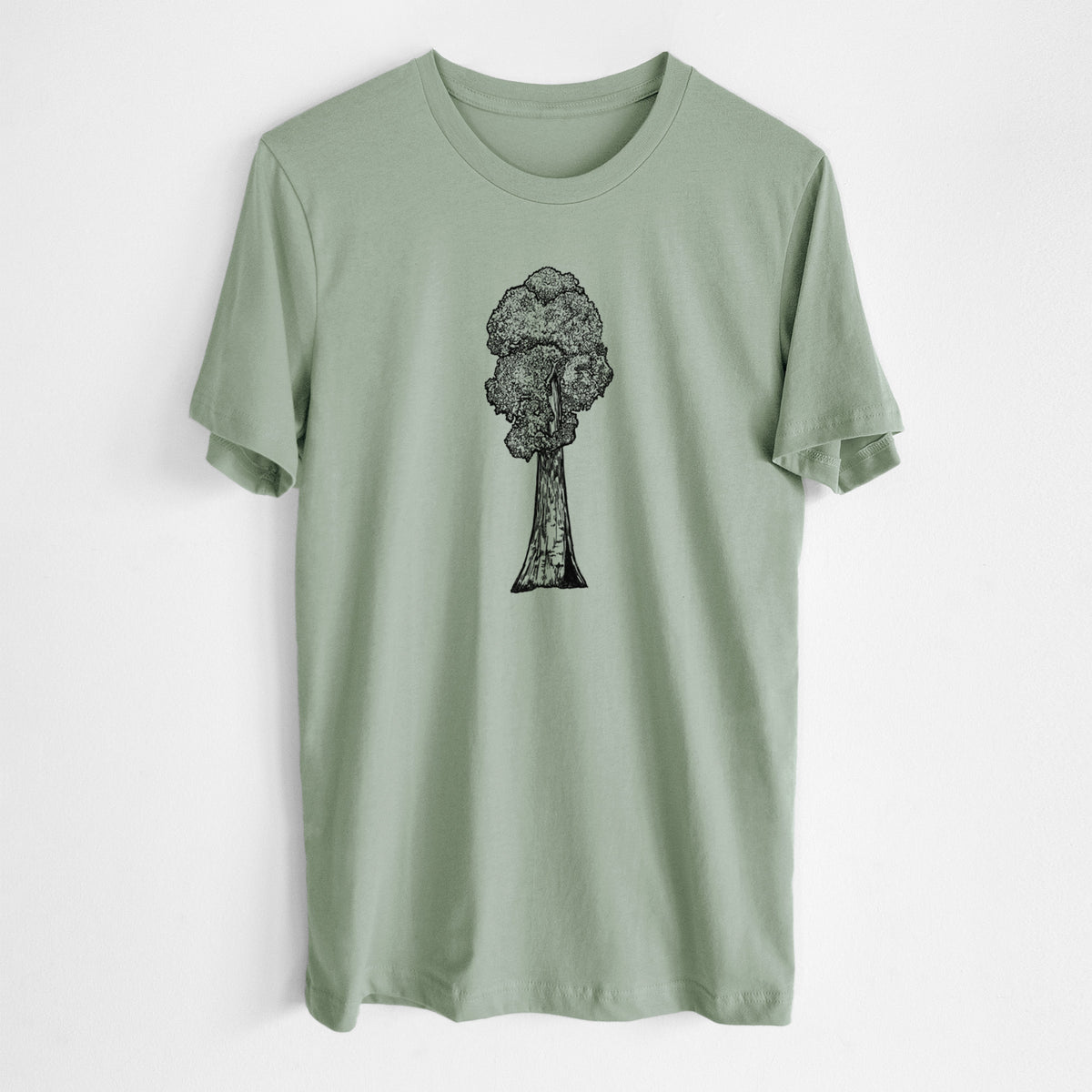 Sage green lightweight cotton t-shirt laid flat, printed with a black ink illustration of a single giant sequoia tree.
