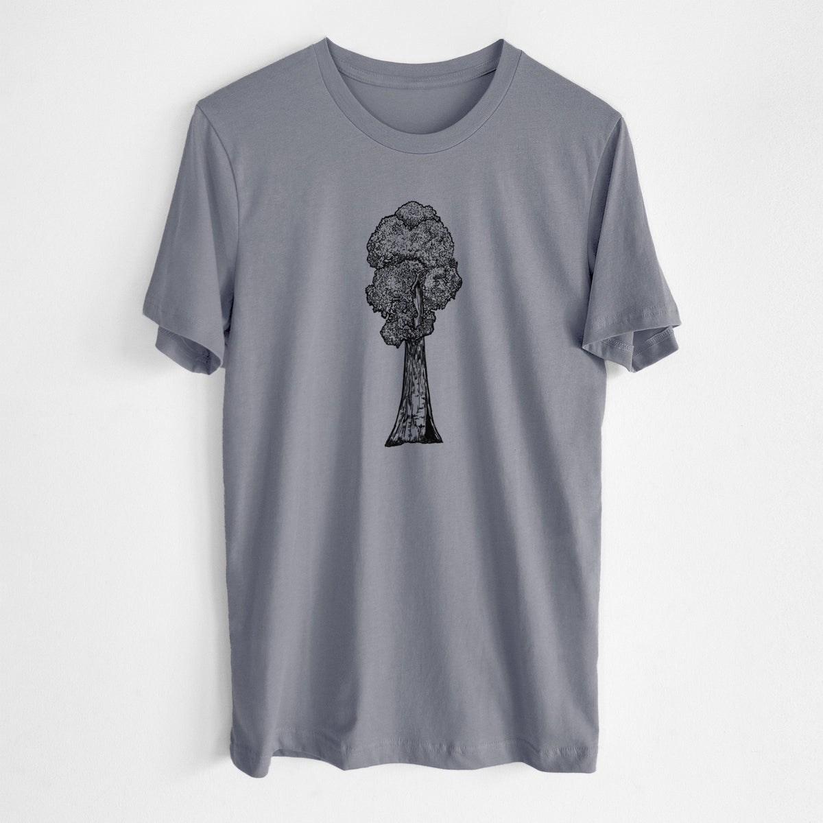 Storm grey lightweight cotton t-shirt laid flat, printed with a black ink illustration of a single giant sequoia tree.