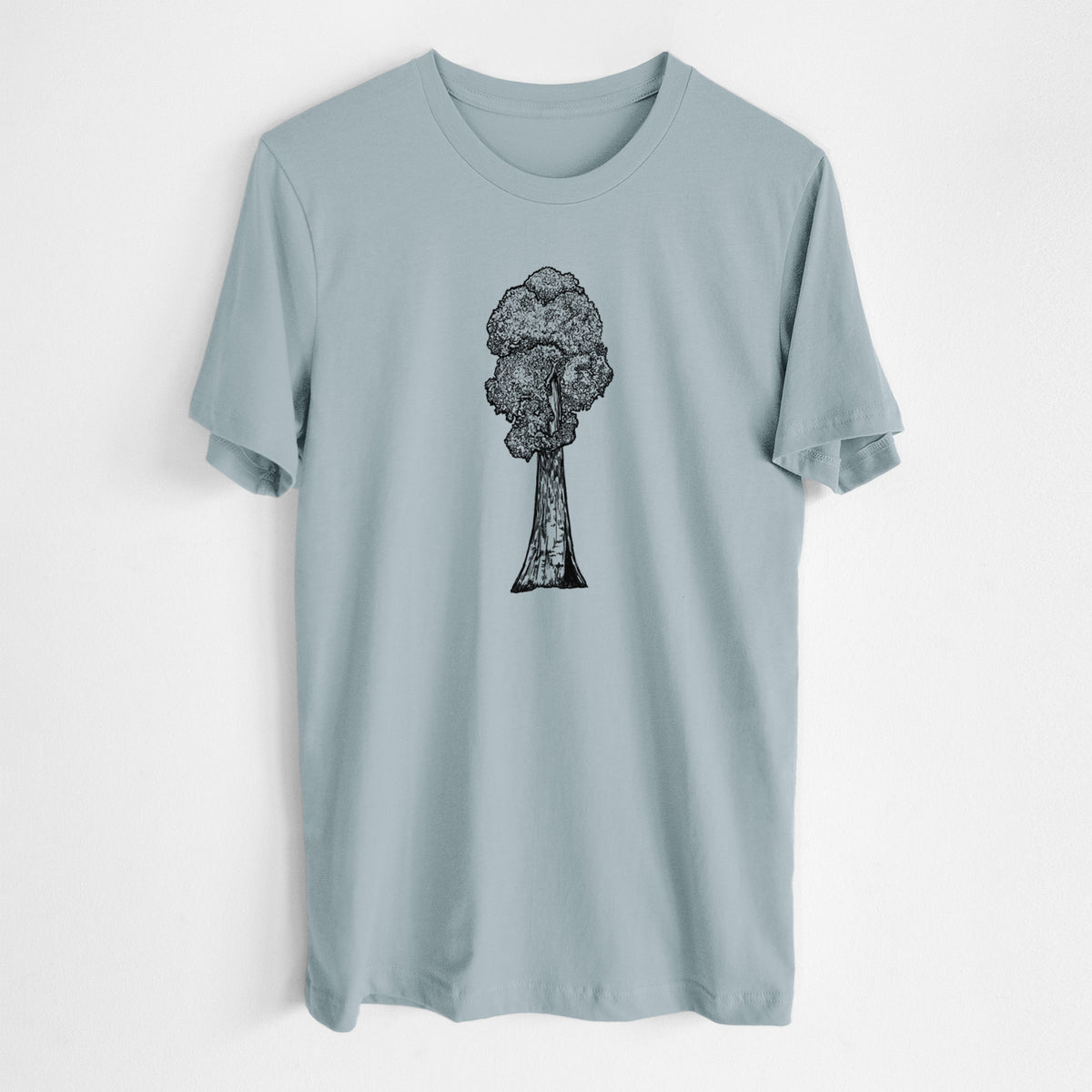 Vintage denim lightweight cotton t-shirt laid flat, printed with a black ink illustration of a single giant sequoia tree.