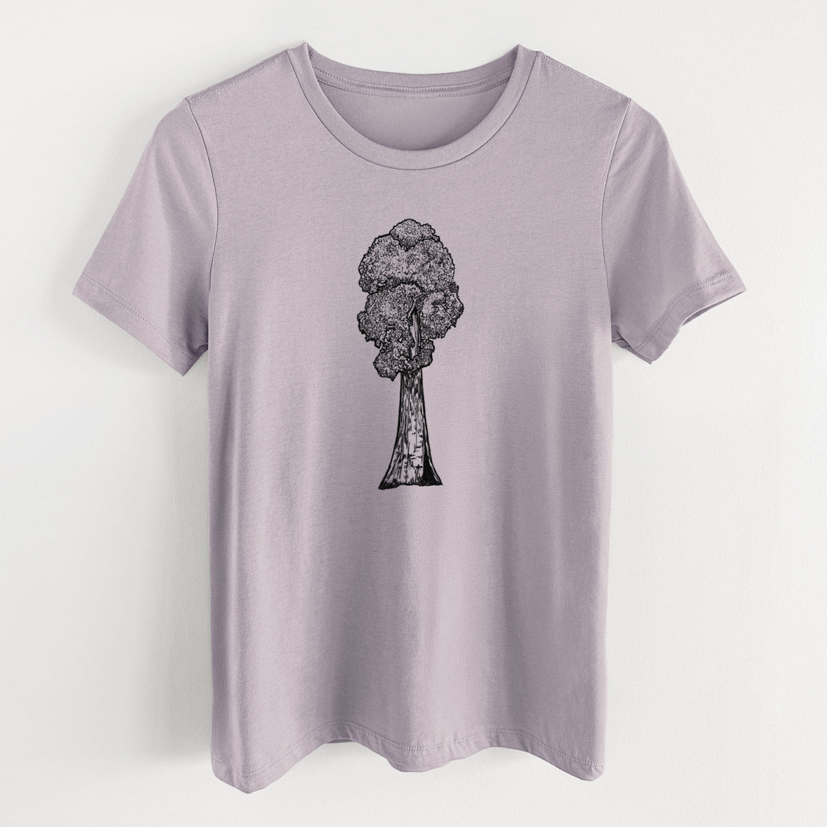 Light violet women's relaxed fit cotton t-shirt laid flat, printed with a black ink illustration of a single giant sequoia tree.