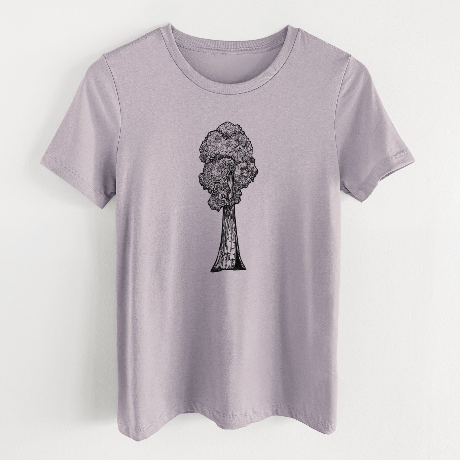 Light violet women's relaxed fit cotton t-shirt laid flat, printed with a black ink illustration of a single giant sequoia tree.