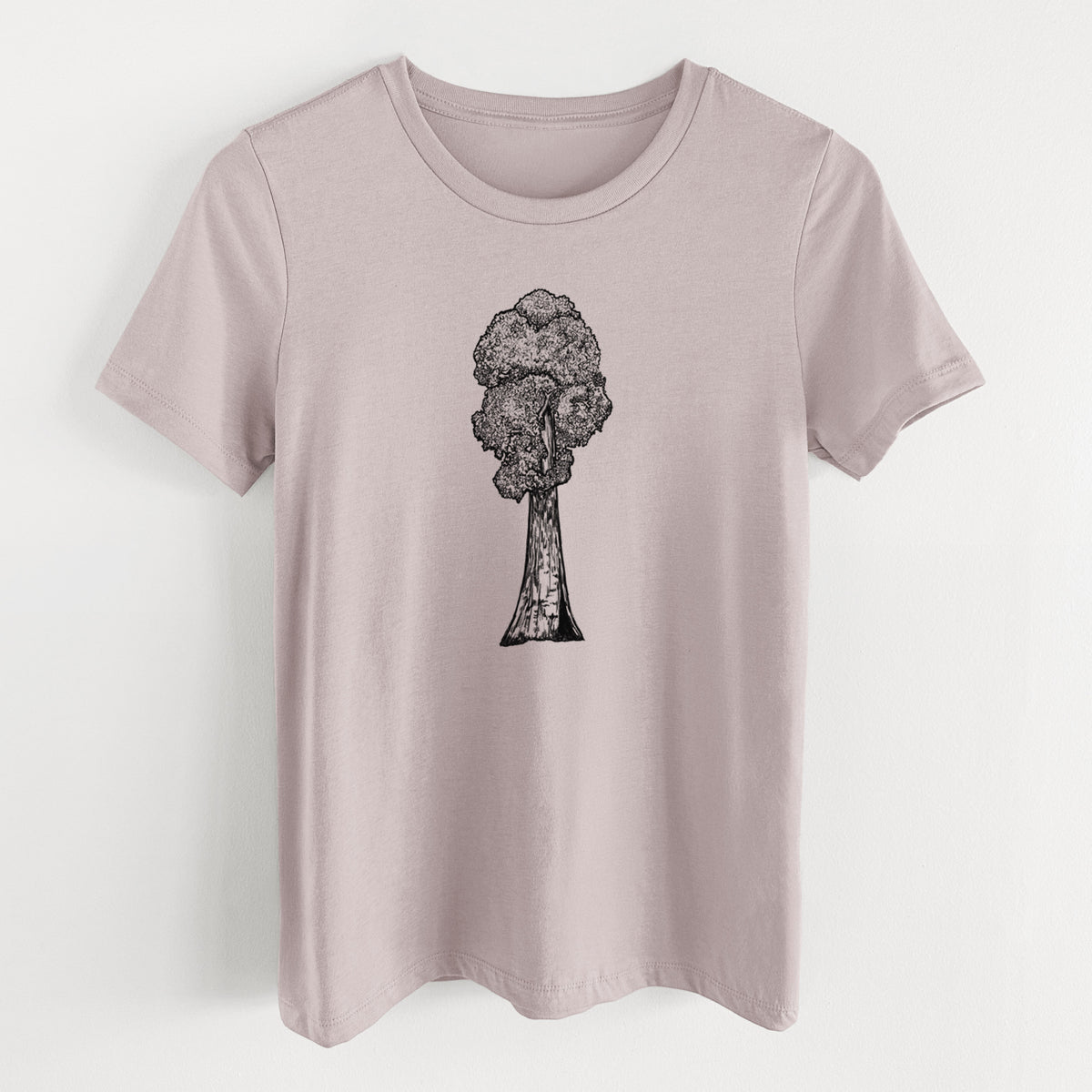 Pink gravel women's relaxed fit cotton t-shirt laid flat, printed with a black ink illustration of a single giant sequoia tree.