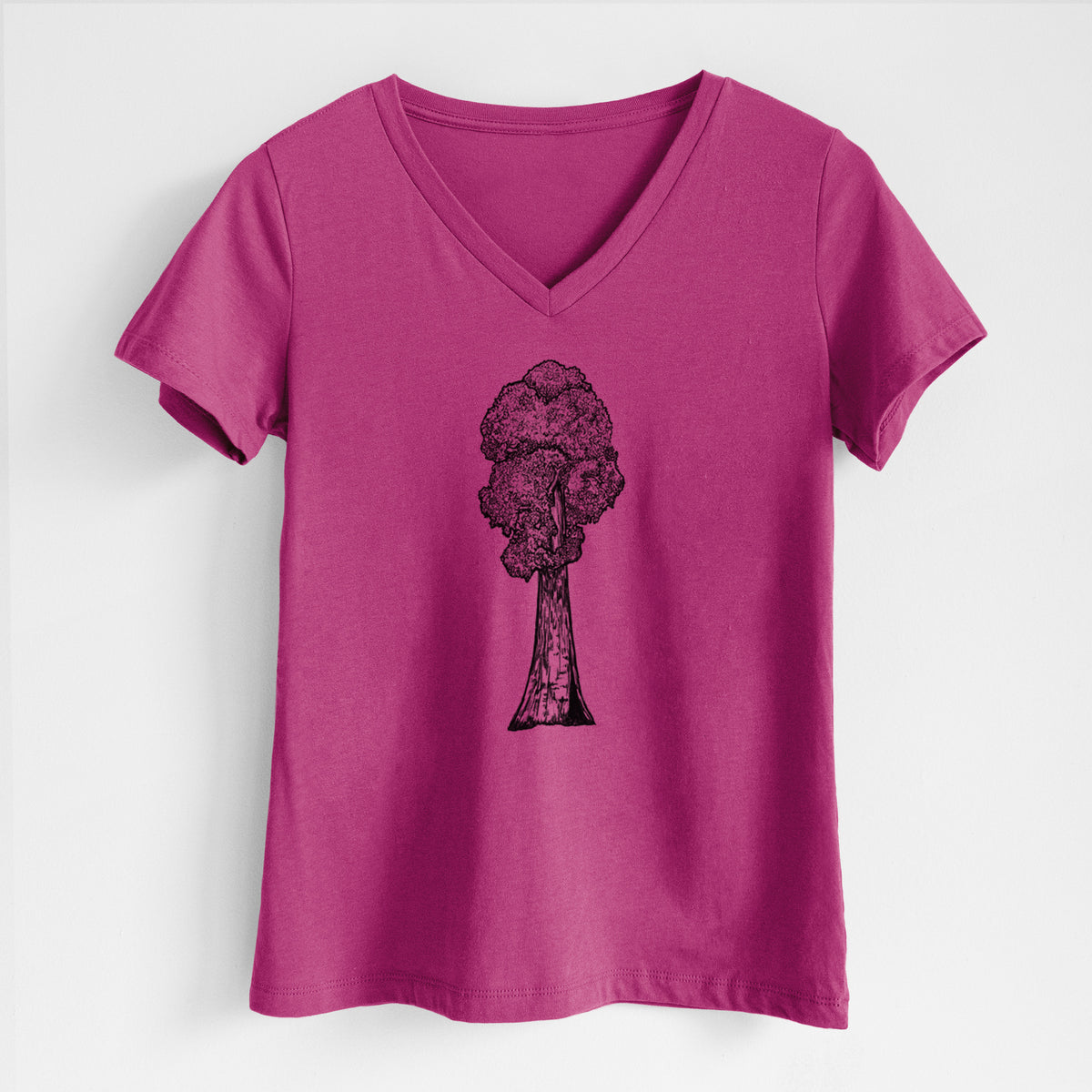 Berry pink women's relaxed fit cotton V-neck t-shirt laid flat, printed with a black ink illustration of a single giant sequoia tree.
