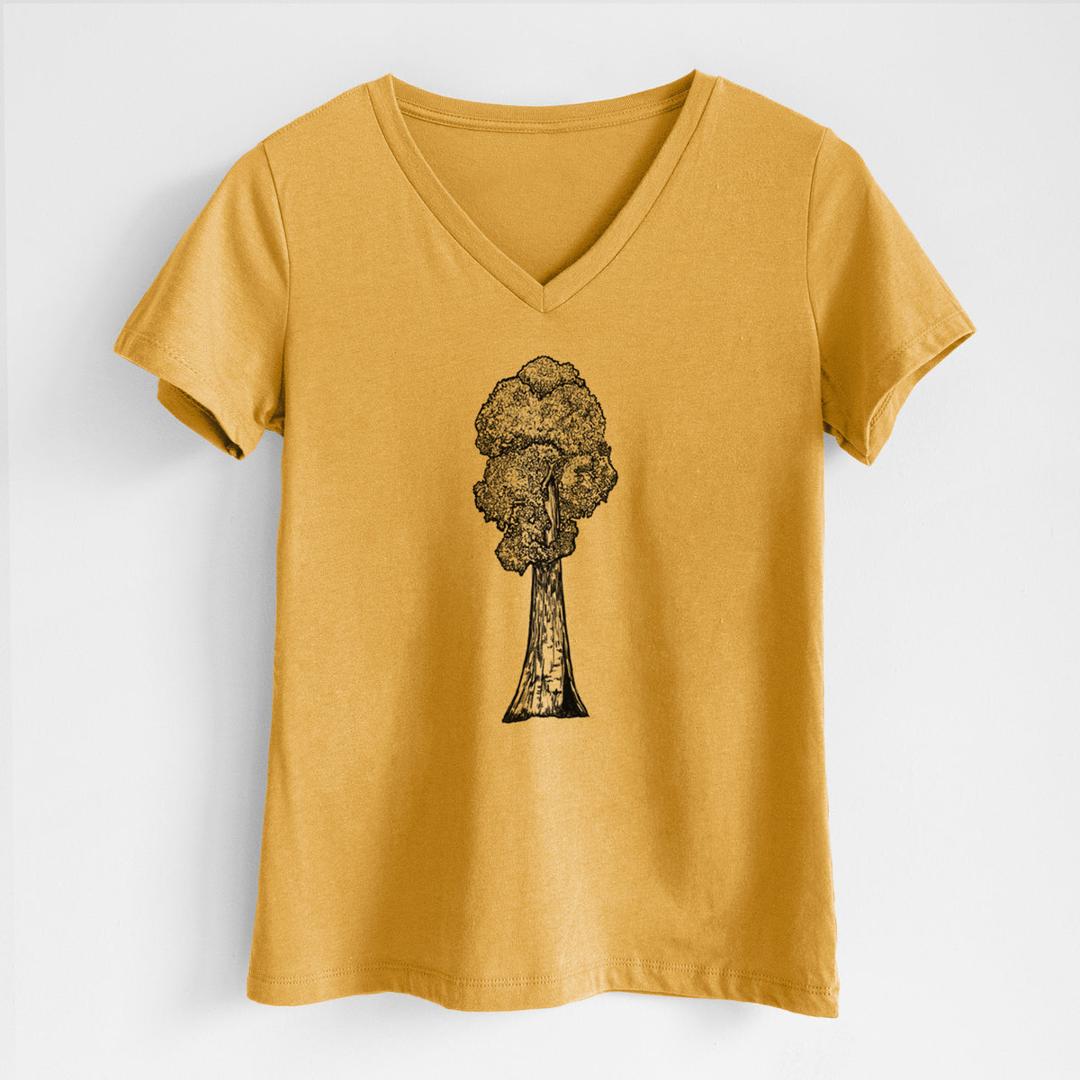 Honeycomb yellow women's relaxed fit cotton V-neck t-shirt laid flat, printed with a black ink illustration of a single giant sequoia tree.