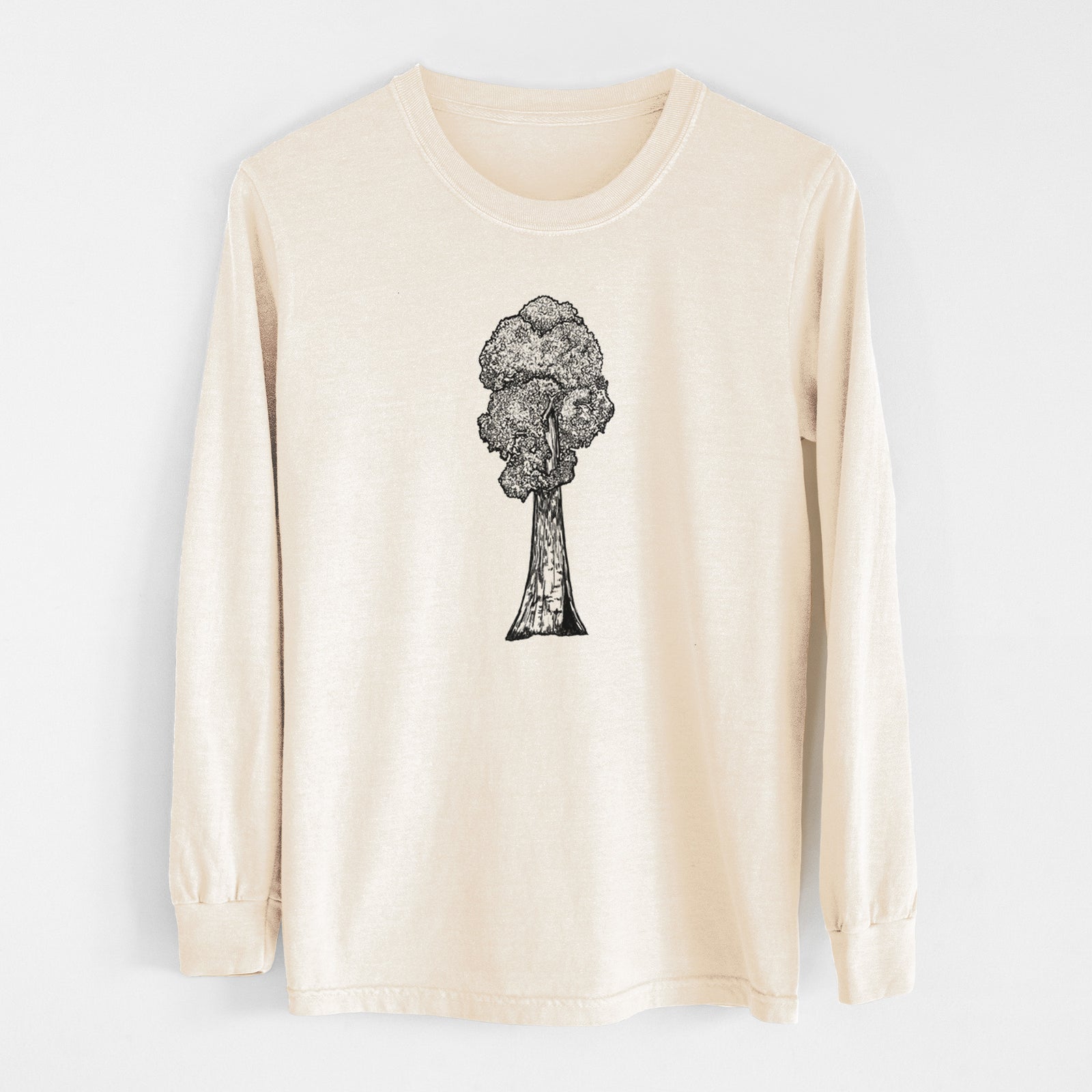 Ivory Comfort Colors long sleeve shirt laid flat, printed with a black ink illustration of a single giant sequoia tree.