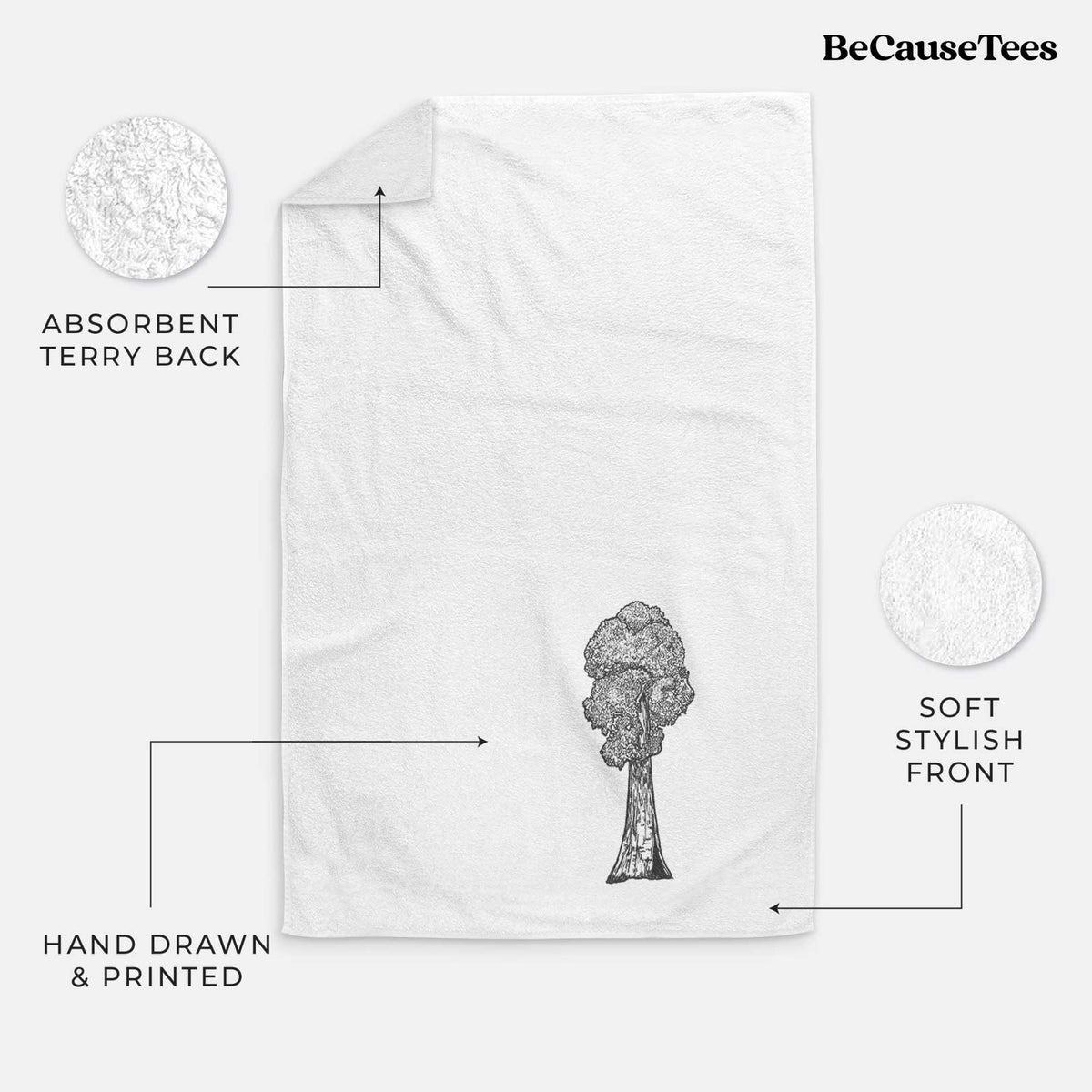 White hand towel printed with a black ink illustration of a single giant sequoia tree.