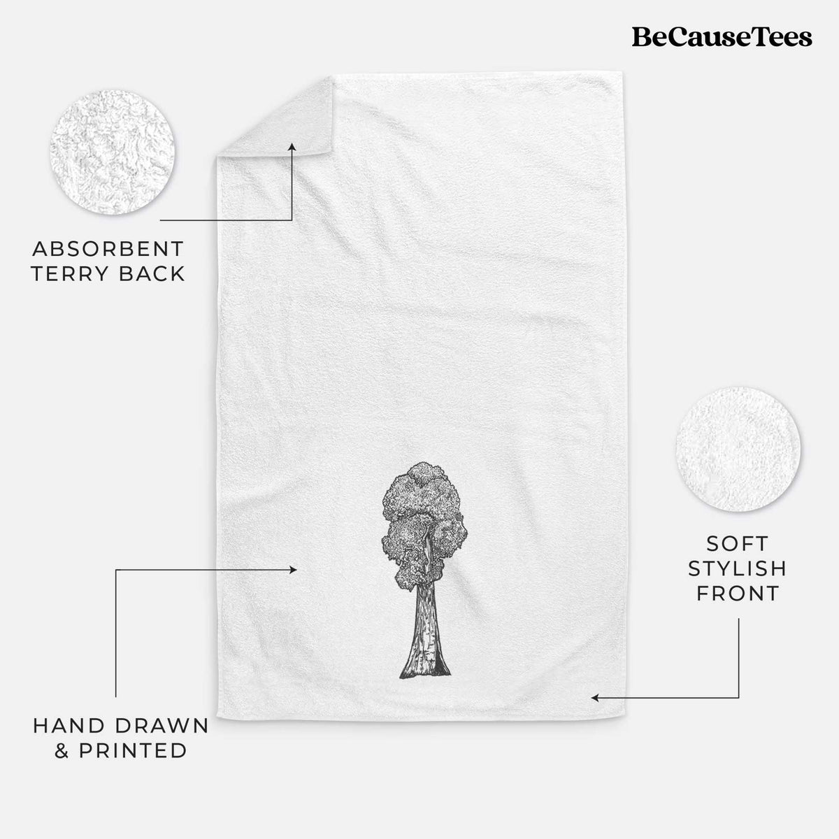 White hand towel printed with a black ink illustration of a single giant sequoia tree.