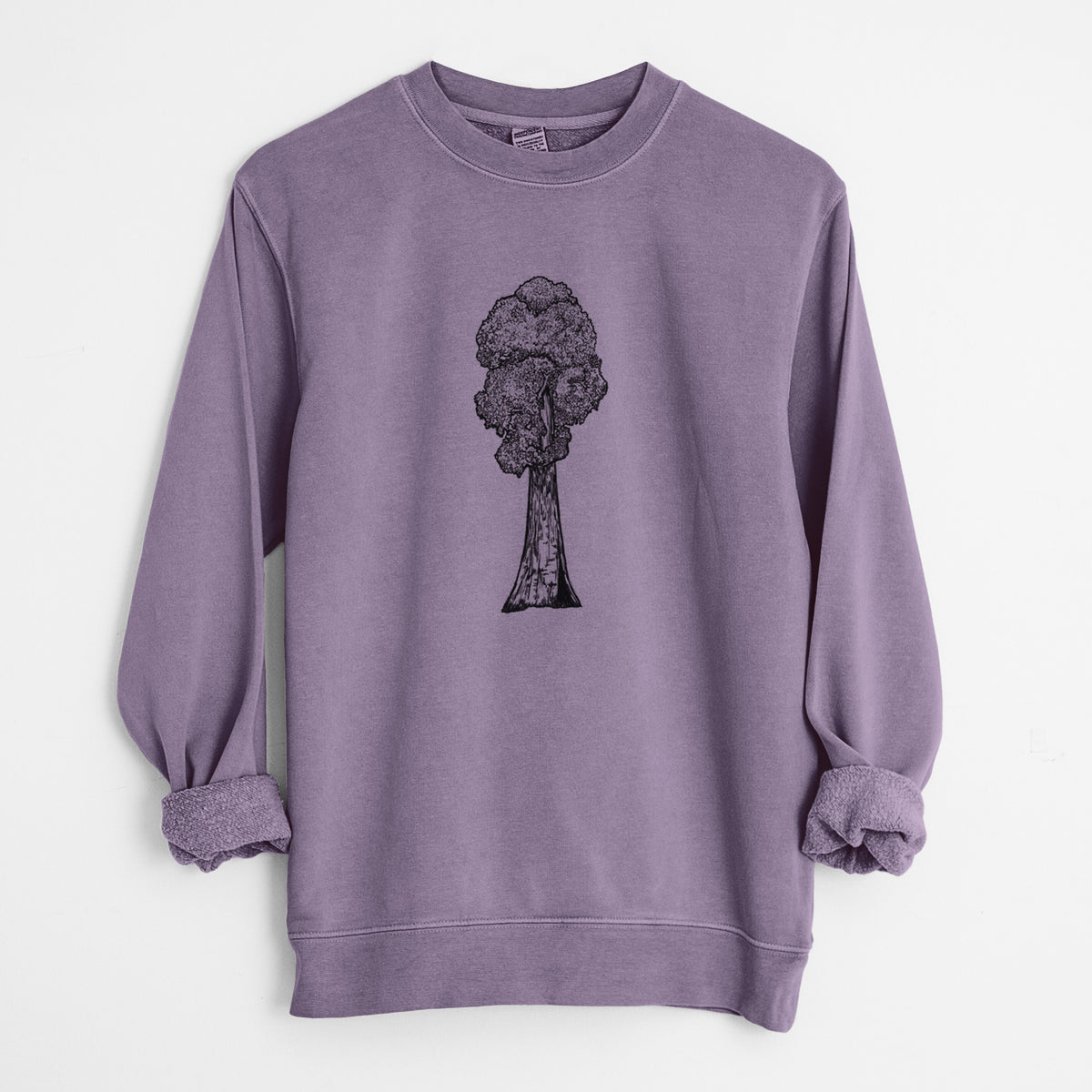 Plum purple pigment dyed crewneck sweatshirt laid flat with the sleeves rolled, printed with a black ink illustration of a single giant sequoia tree.