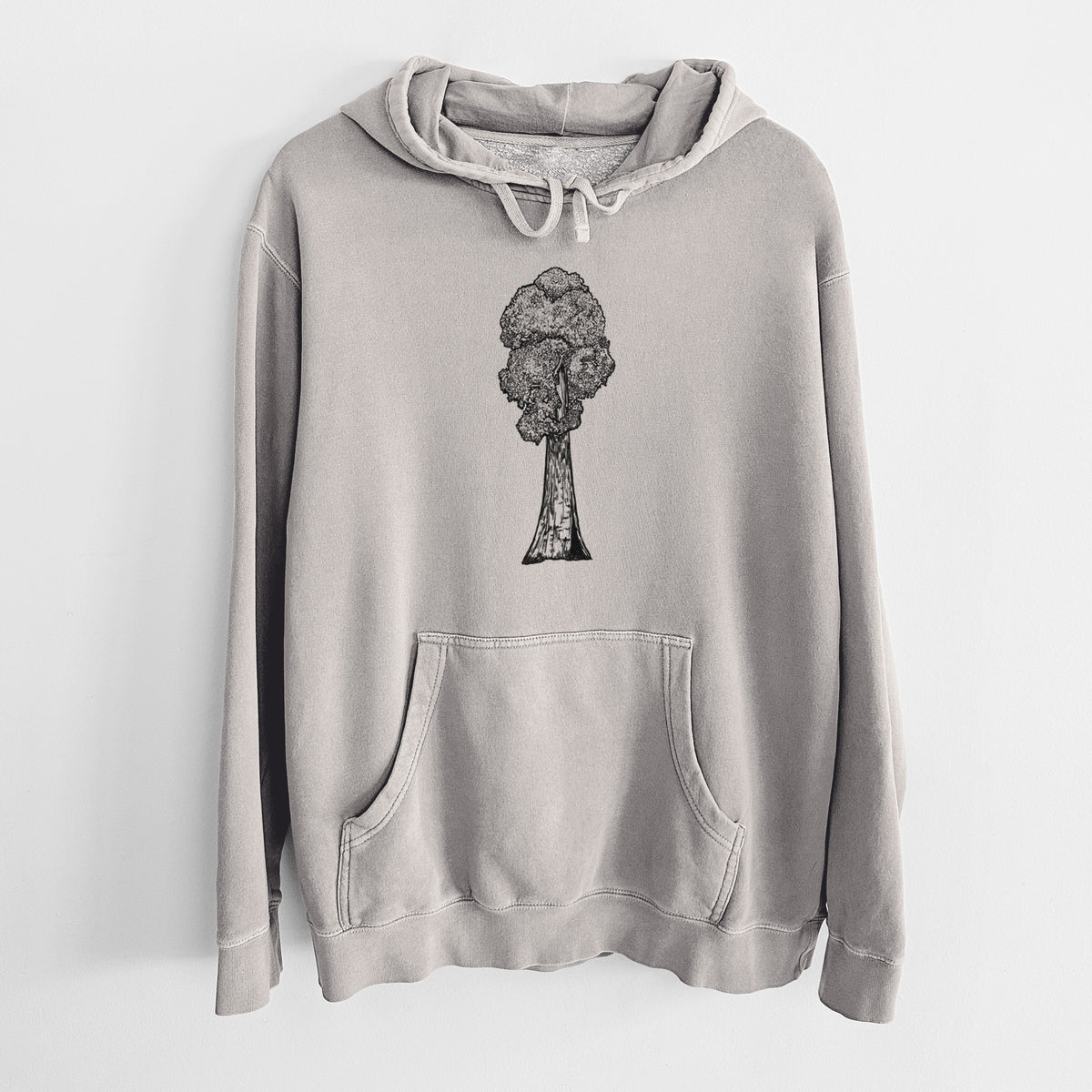 Cement grey pigment dyed hoodie laid flat, printed with a black ink illustration of a single giant sequoia tree.
