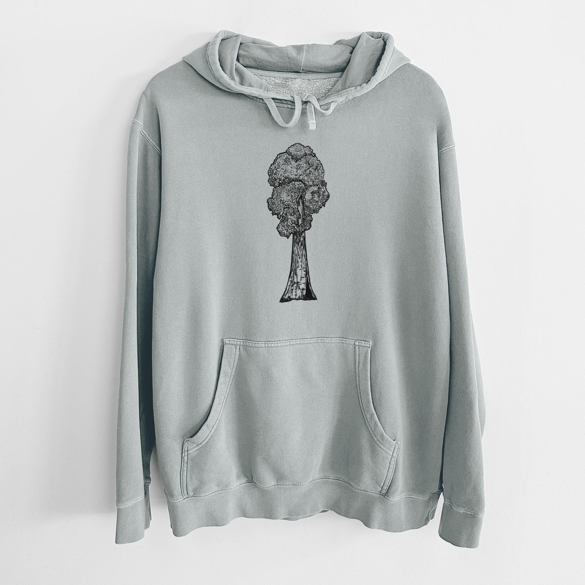 Sage green pigment dyed hoodie laid flat, printed with a black ink illustration of a single giant sequoia tree.