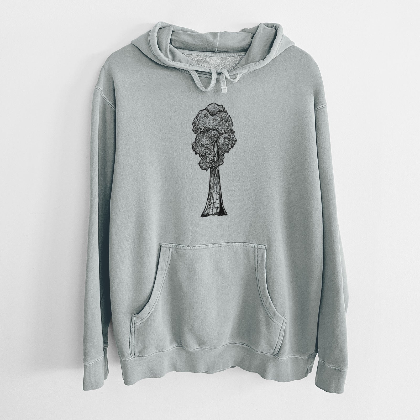 Sage green pigment dyed hoodie laid flat, printed with a black ink illustration of a single giant sequoia tree.