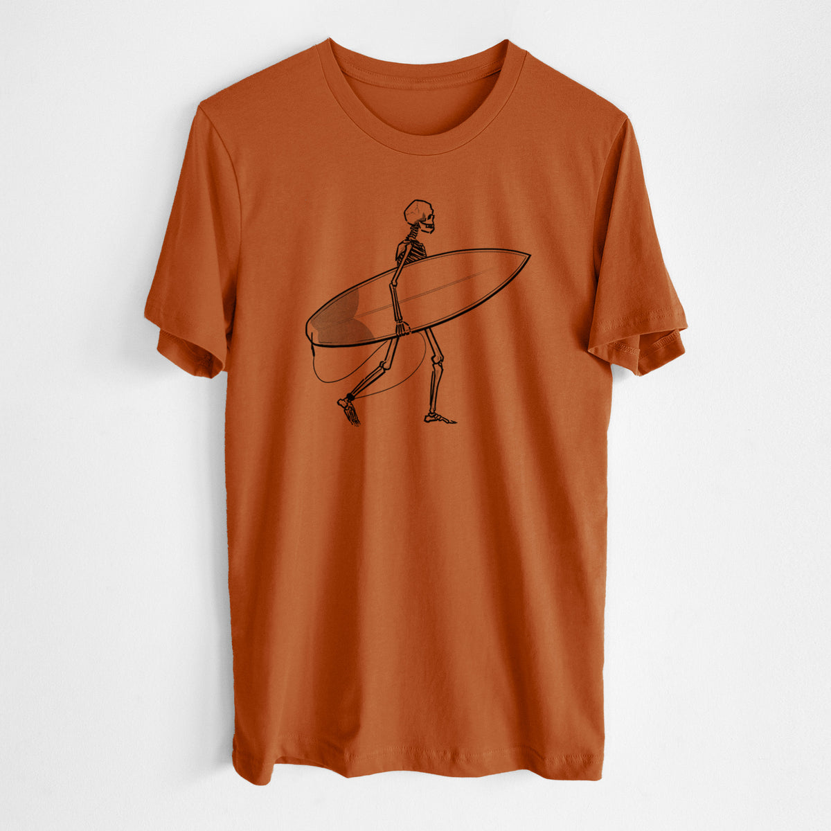 Autumn lightweight cotton t-shirt laid flat, printed with a black ink skeleton walking while carrying a surfboard.