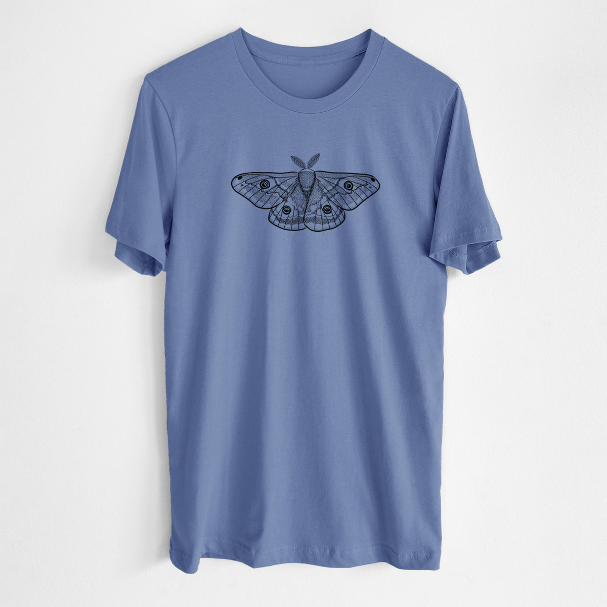 Blue bell lightweight cotton t-shirt laid flat, printed with a detailed black ink illustration of a small emperor moth with eyespots on its wings.