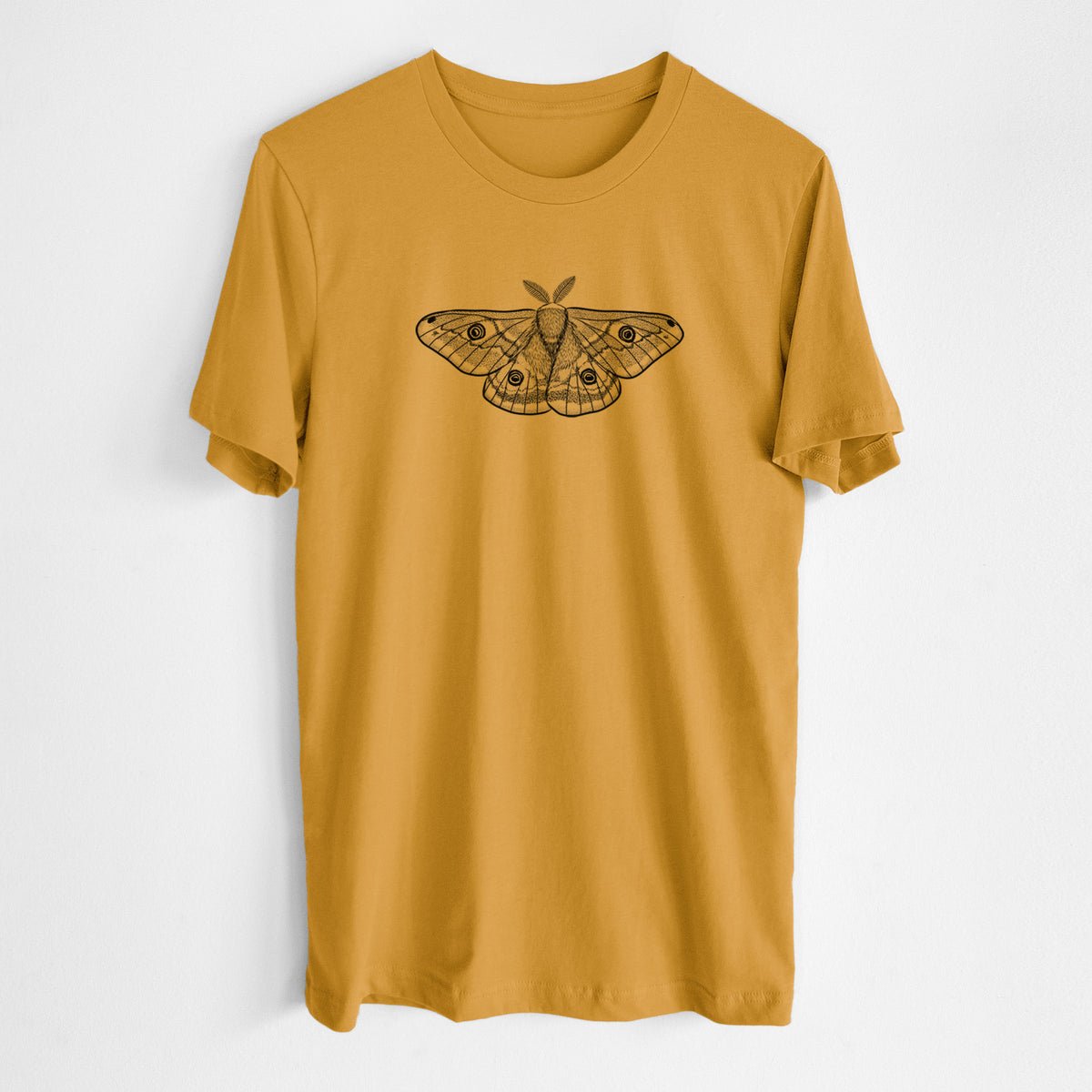 Honeycomb yellow lightweight cotton t-shirt laid flat, printed with a detailed black ink illustration of a small emperor moth with eyespots on its wings.