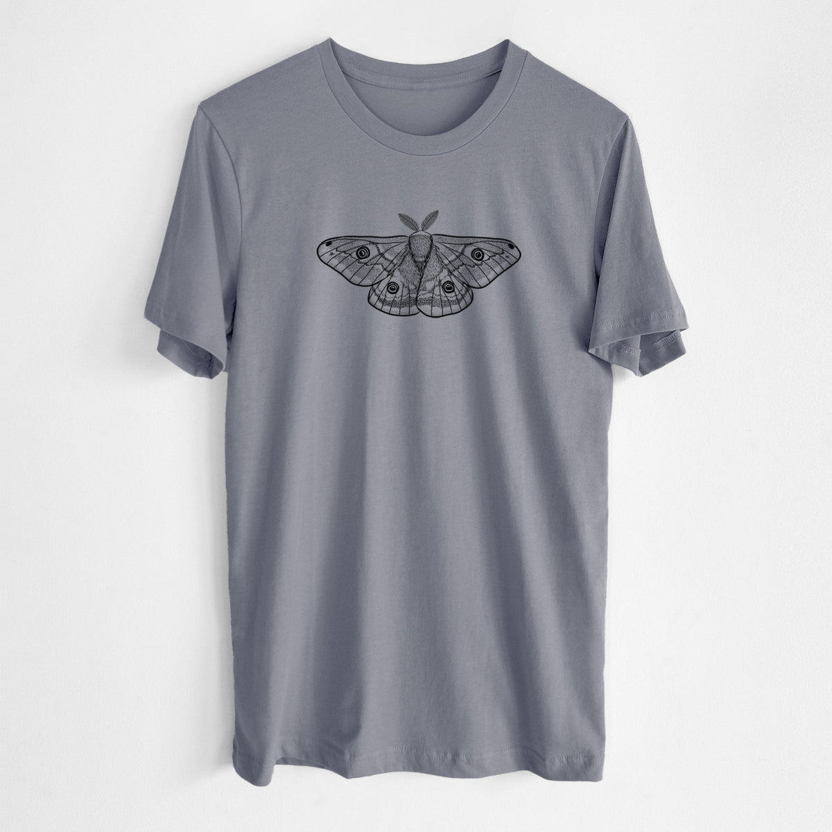 Storm grey lightweight cotton t-shirt laid flat, printed with a detailed black ink illustration of a small emperor moth with eyespots on its wings.