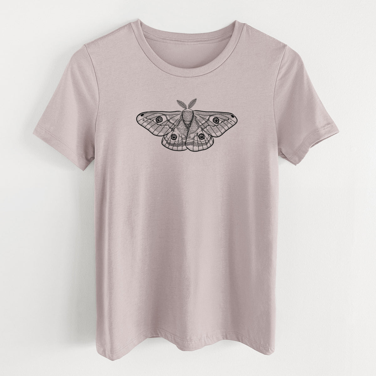 Pink gravel women's relaxed fit cotton t-shirt laid flat, printed with a detailed black ink illustration of a small emperor moth with eyespots on its wings.