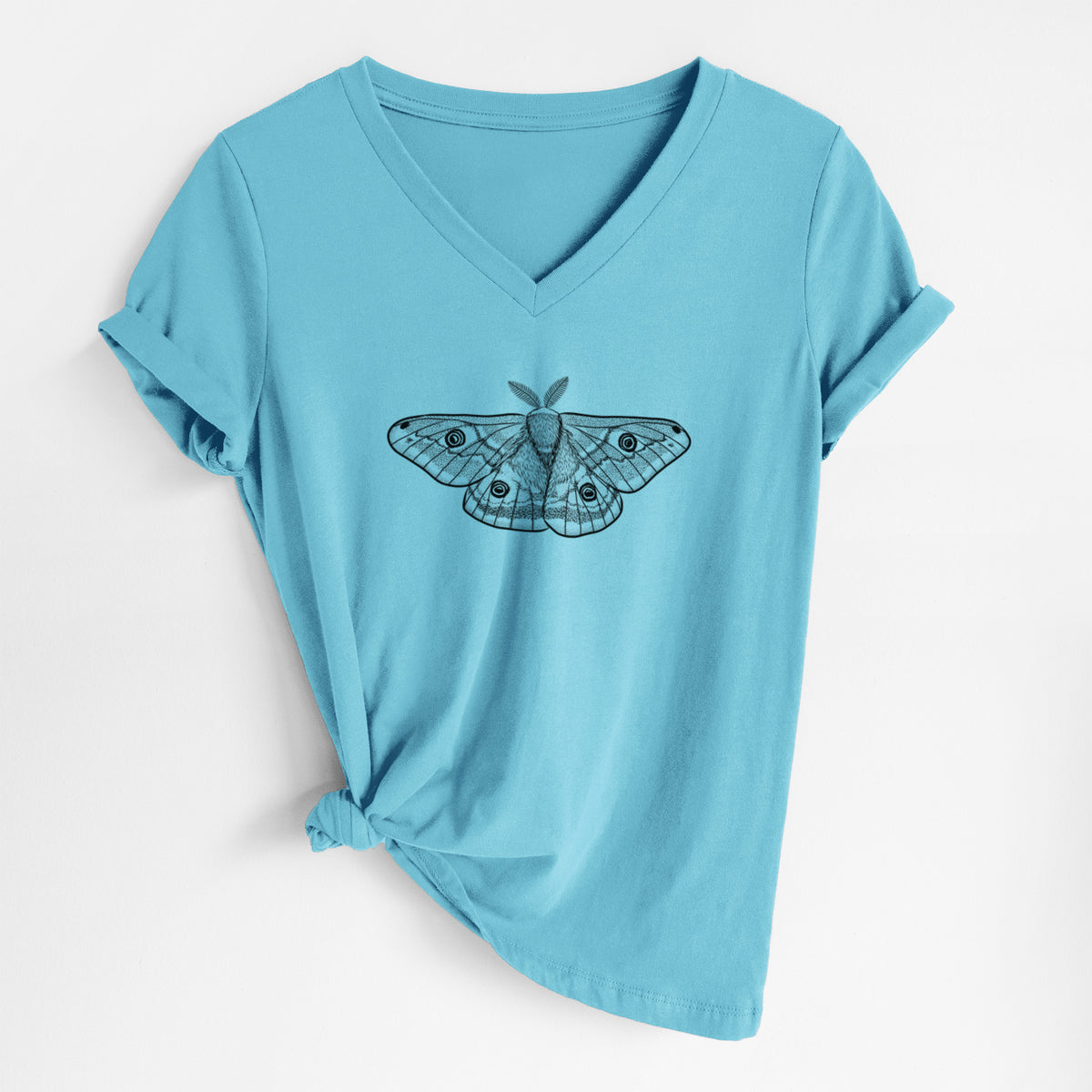 Turquoise women's relaxed fit cotton V-neck t-shirt laid flat, printed with a detailed black ink illustration of a small emperor moth with eyespots on its wings.