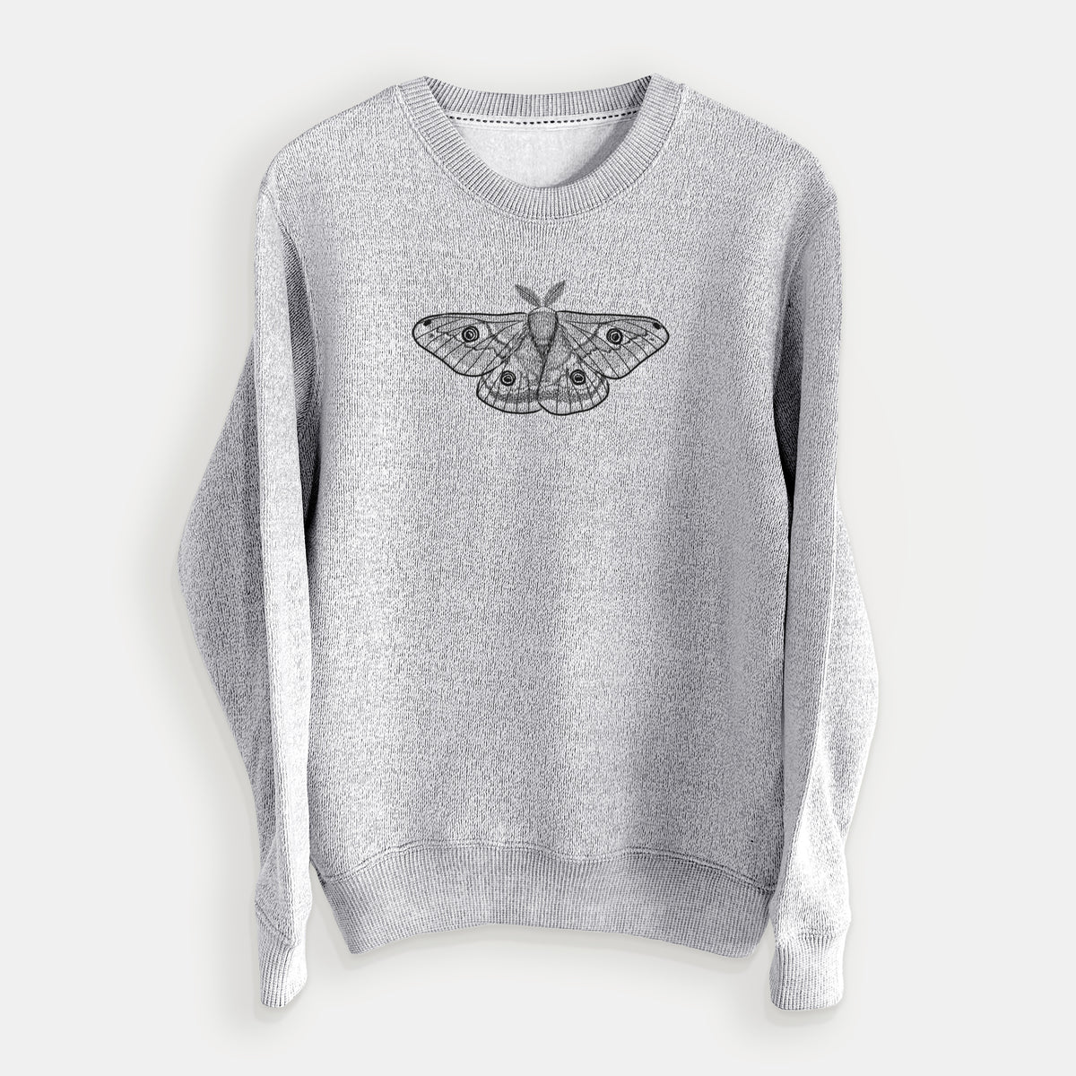 Salt and pepper knit sweatshirt laid flat, printed with a detailed black ink illustration of a small emperor moth with eyespots on its wings.
