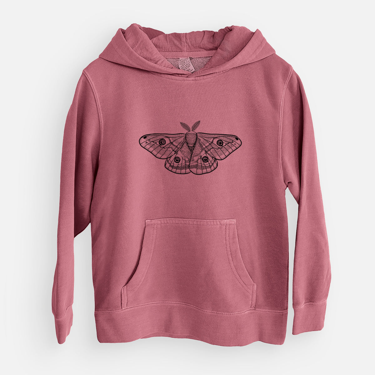 Maroon youth pigment dyed hoodie laid flat, printed with a detailed black ink illustration of a small emperor moth with eyespots on its wings.