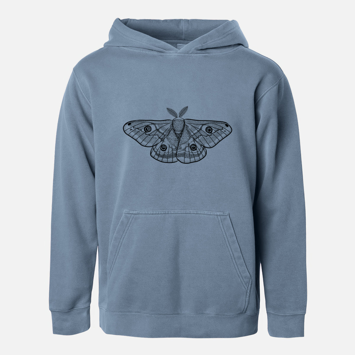 Slate blue youth pigment dyed hoodie laid flat, printed with a detailed black ink illustration of a small emperor moth with eyespots on its wings.